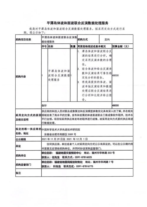 福建地震災(zāi)害預(yù)防中心平潭島體波與面波聯(lián)合反演數(shù)據(jù)處理服務(wù)定向采購公告